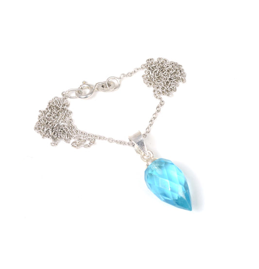 925 Solid Sterling Silver Faceted Blue Quartz Drop Chain Pendant-19 Inch