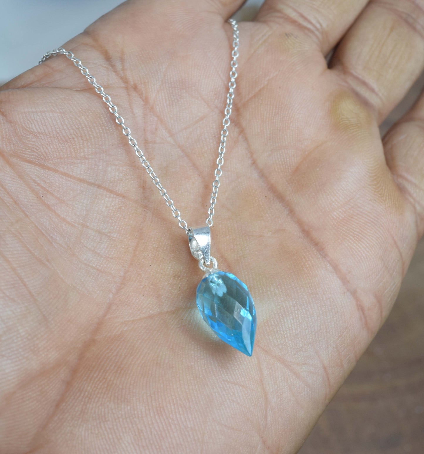 925 Solid Sterling Silver Faceted Blue Quartz Drop Chain Pendant-19 Inch