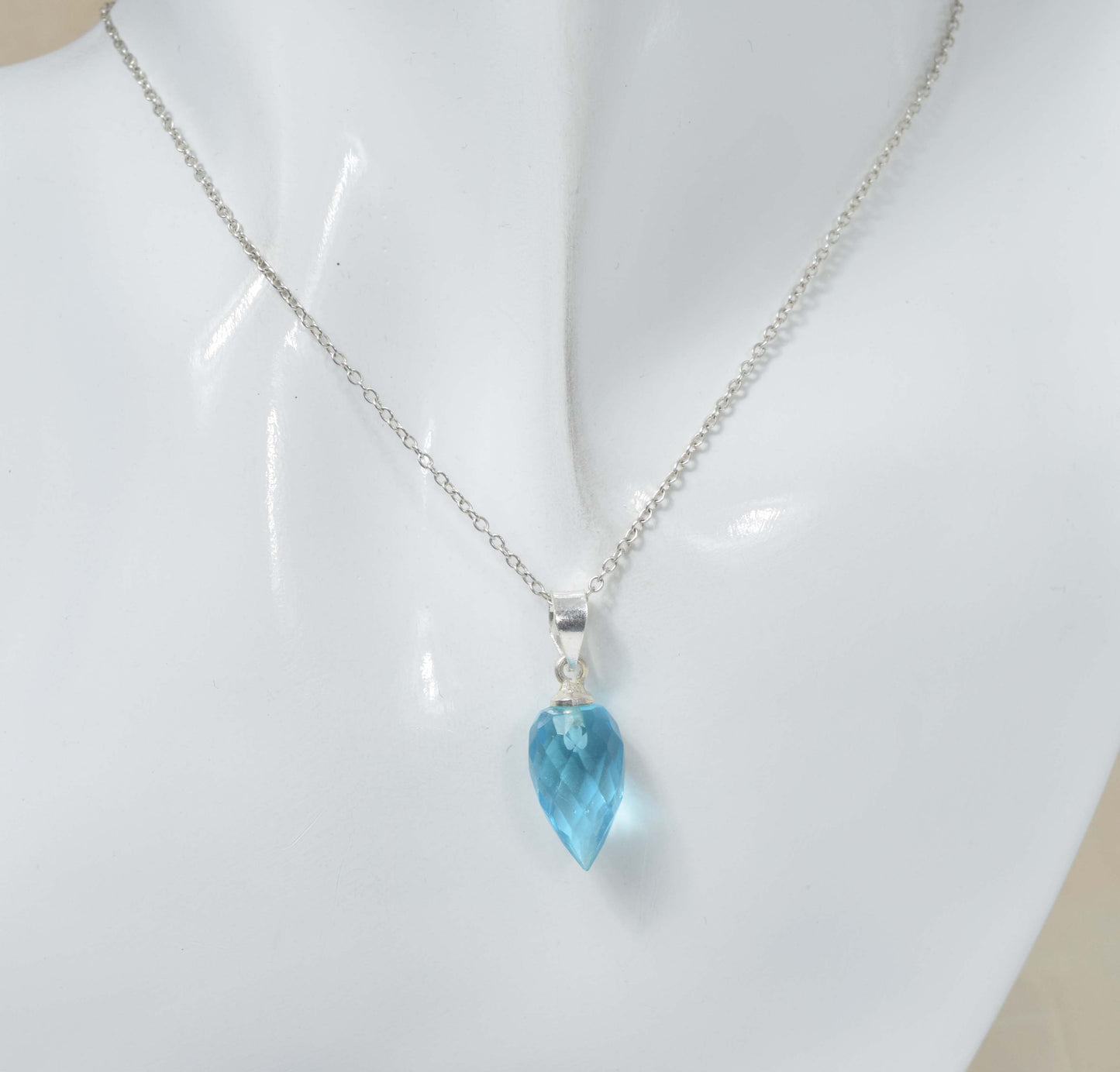 925 Solid Sterling Silver Faceted Blue Quartz Drop Chain Pendant-19 Inch