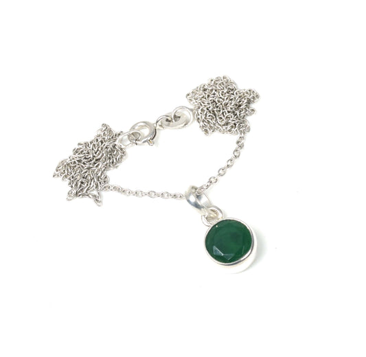 925 Solid Sterling Silver Faceted Simulated Emerald Chain Pendant-18.5 Inch