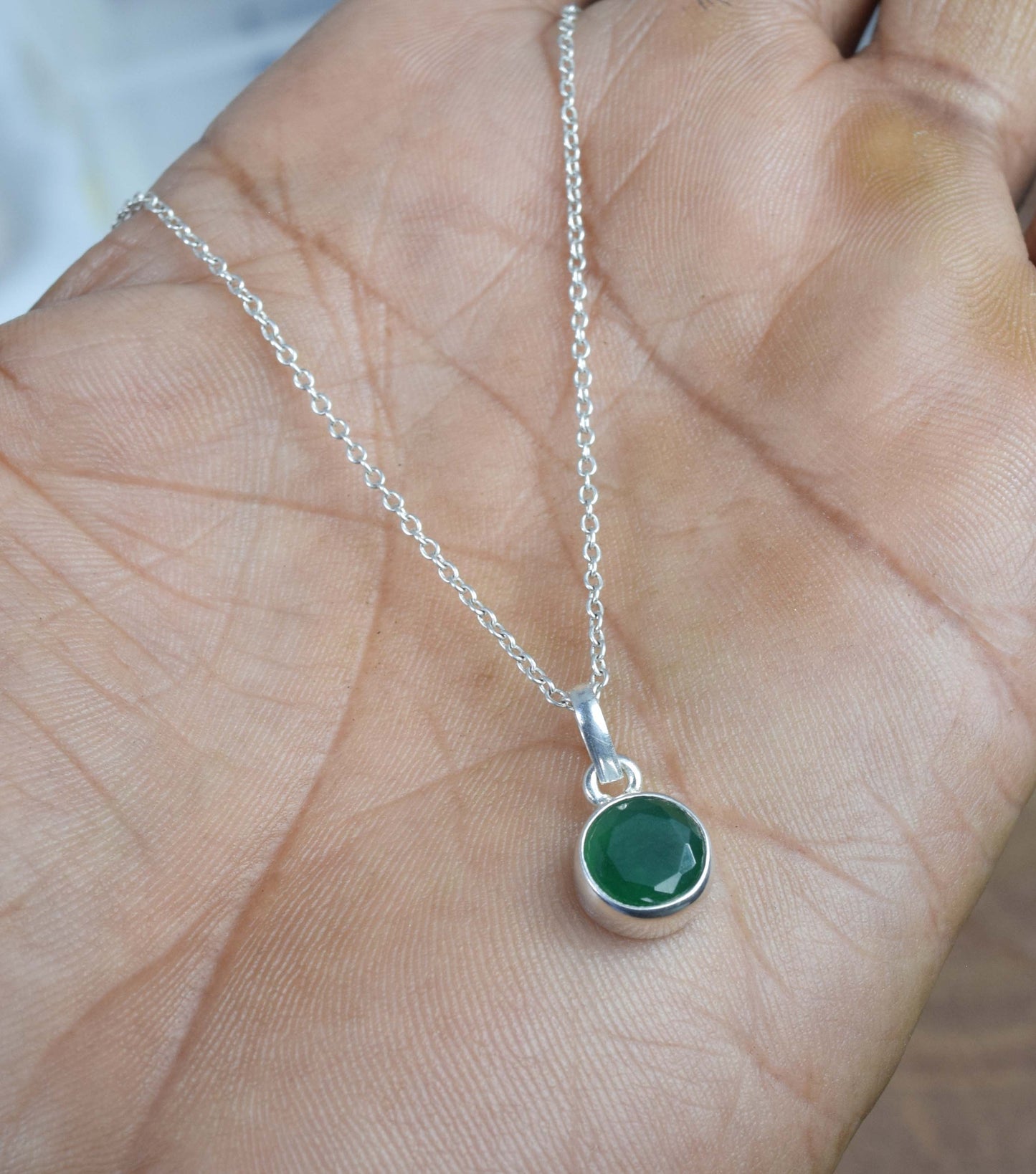 925 Solid Sterling Silver Faceted Simulated Emerald Chain Pendant-18.5 Inch