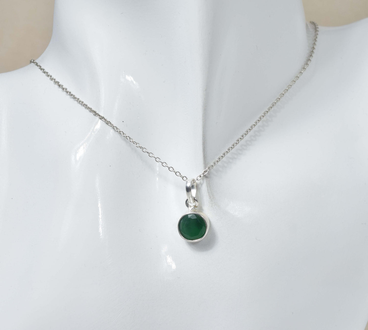 925 Solid Sterling Silver Faceted Simulated Emerald Chain Pendant-18.5 Inch