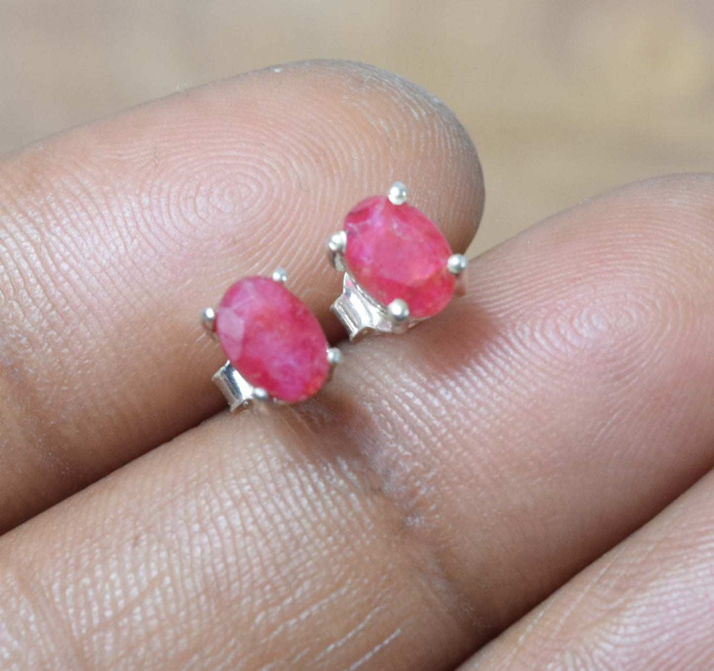 925 Solid Sterling Silver Faceted Simulated Ruby Stud Earring