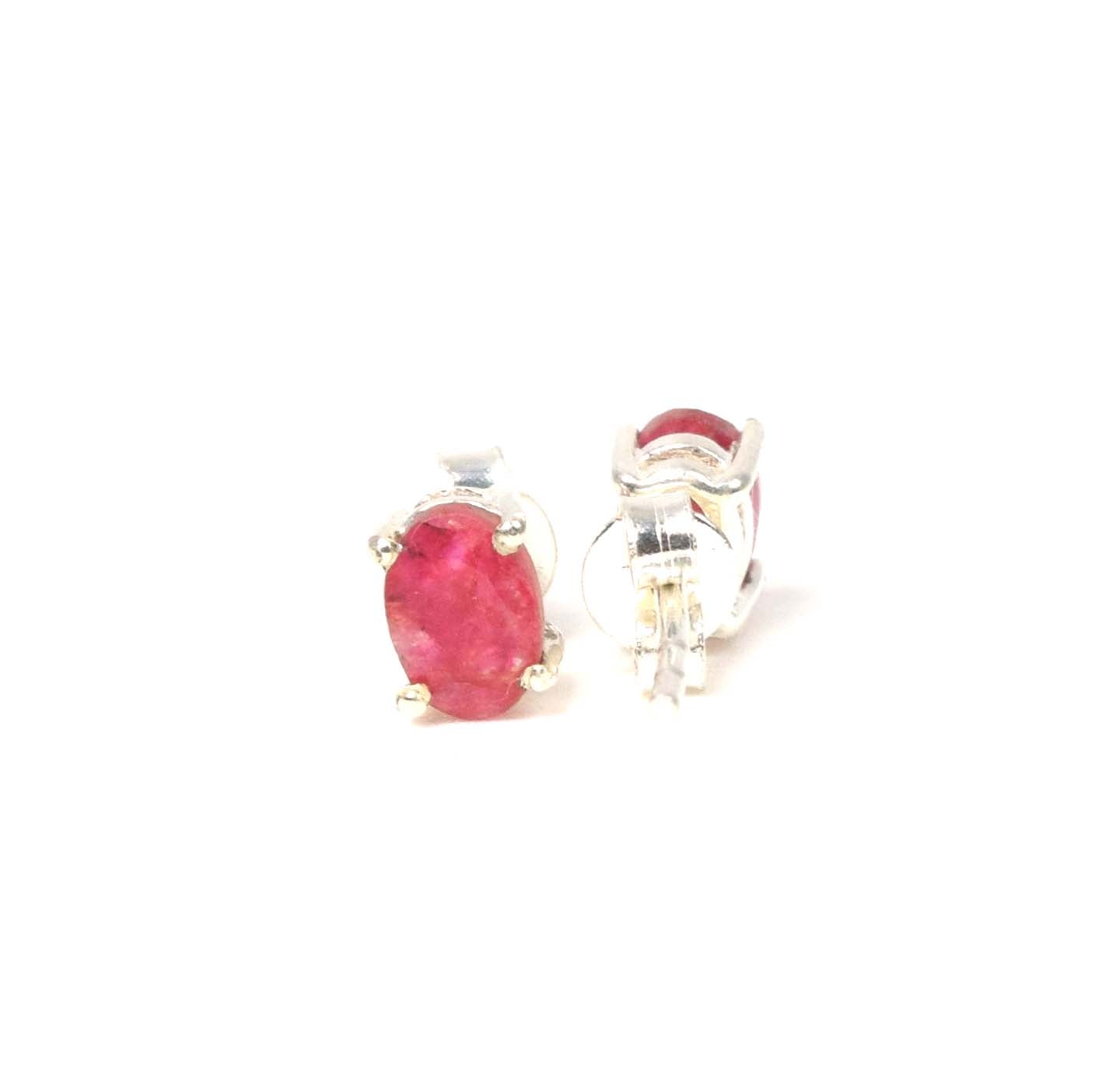 925 Solid Sterling Silver Faceted Simulated Ruby Stud Earring