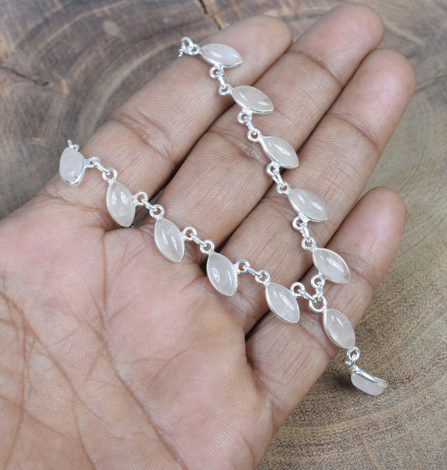 925 Solid Sterling Silver Pink Rose Quartz Necklace-20 Inch