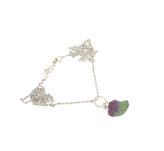 925 Solid Sterling Silver Rough Simulated Ruby Zoisite Chain Pendant