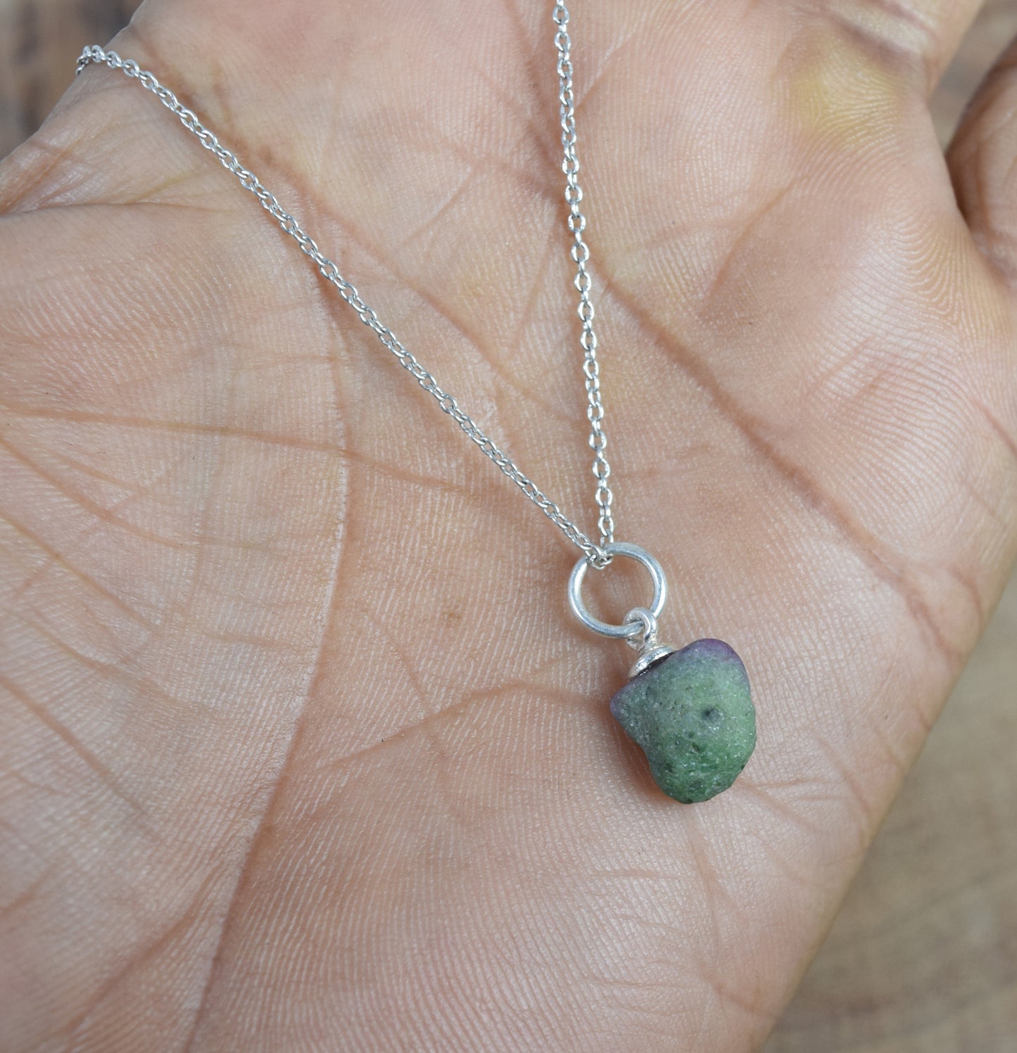 925 Solid Sterling Silver Rough Simulated Ruby Zoisite Chain Pendant