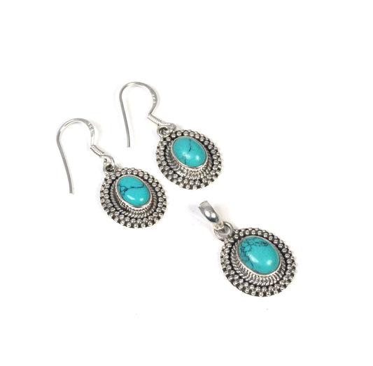 925 Solid Sterling Silver Turquoise Hook Earring Pendant Set