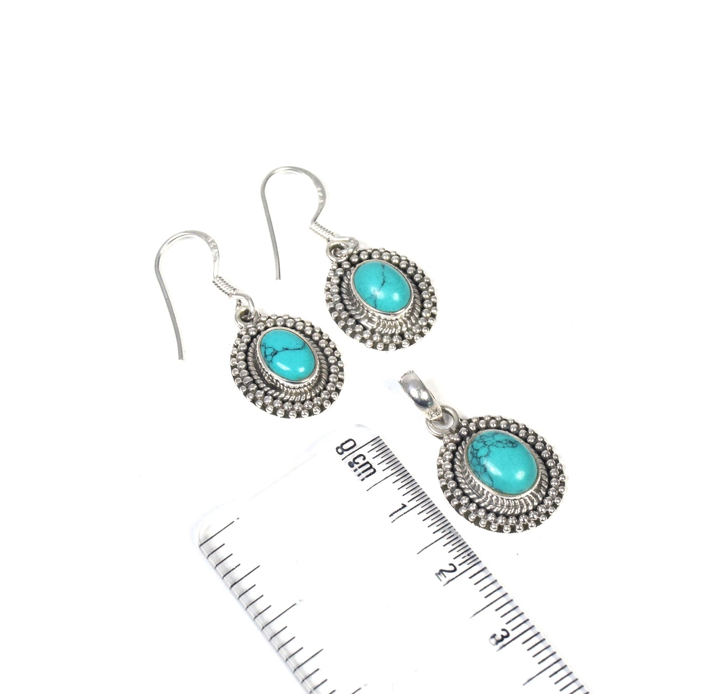 925 Solid Sterling Silver Turquoise Hook Earring Pendant Set