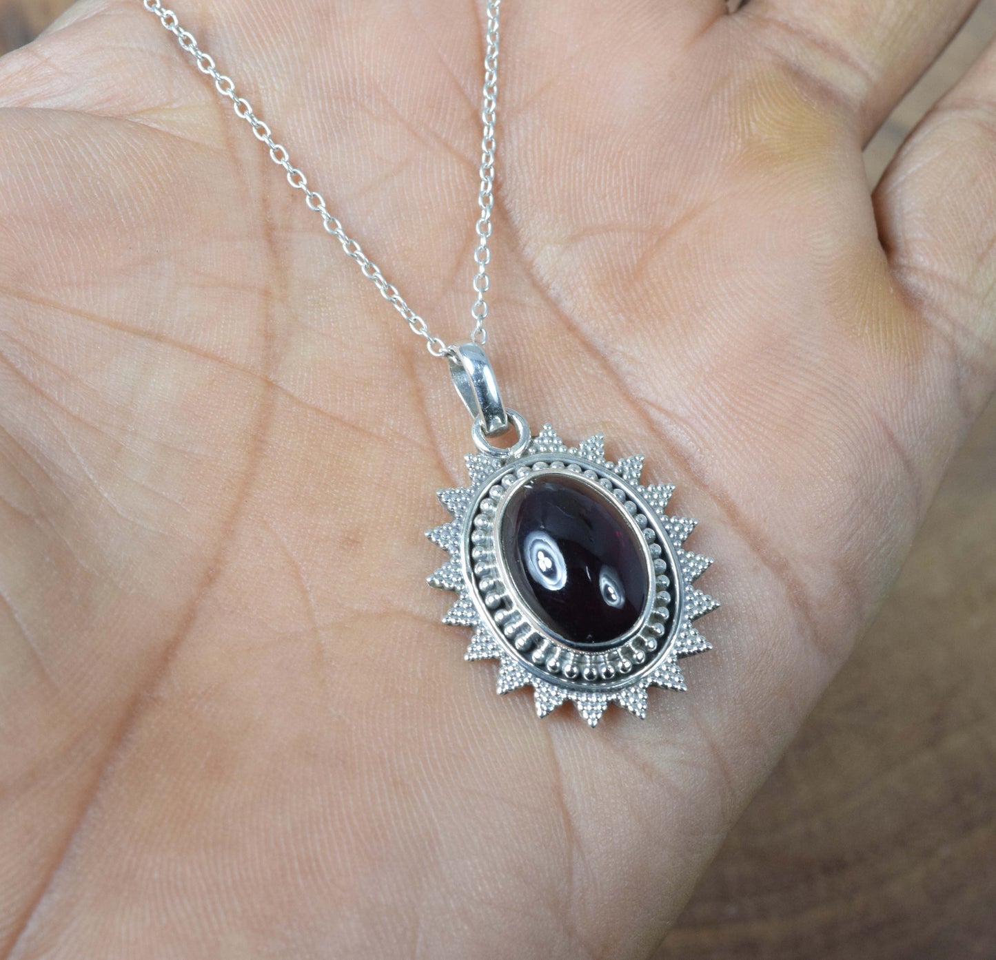 925 Solid Sterling Silver Red Garnet Chain Pendant-19.2 Inch