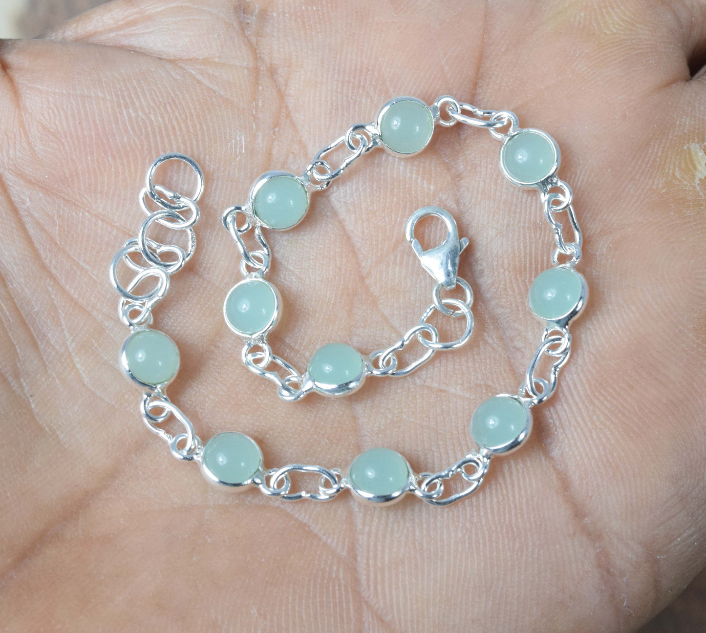 925 Solid Sterling Silver Aqua Chalcedony HANDMADE BRACELET-7.5 Inch