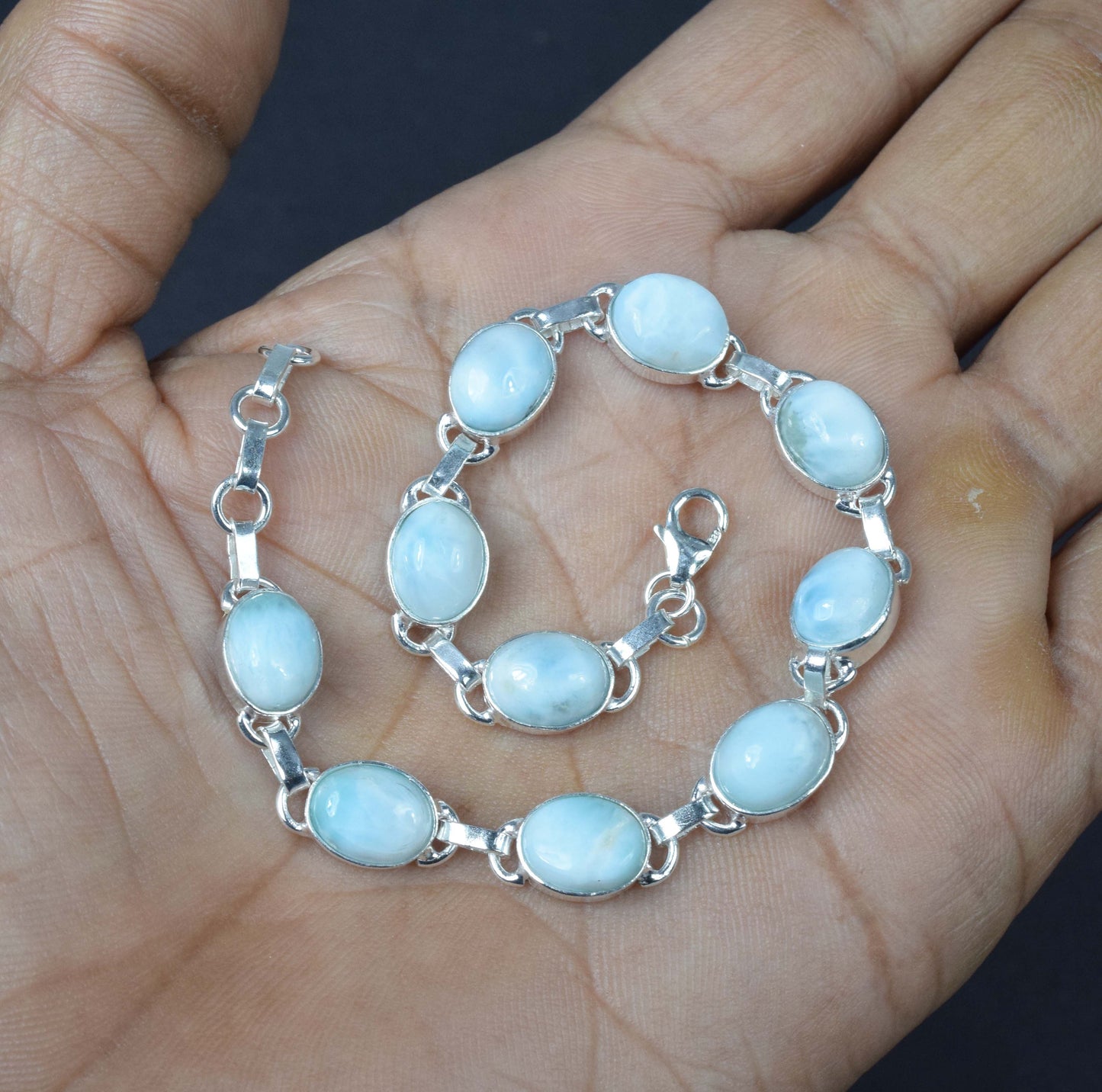 925 Solid Sterling Silver Blue Larimar HANDMADE BRACELET-8.2 Inch