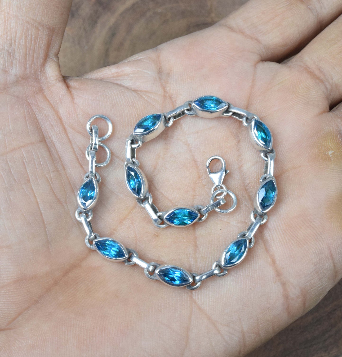 925 Solid Sterling Silver Faceted Blue Topaz HANDMADE BRACELET-8 Inch