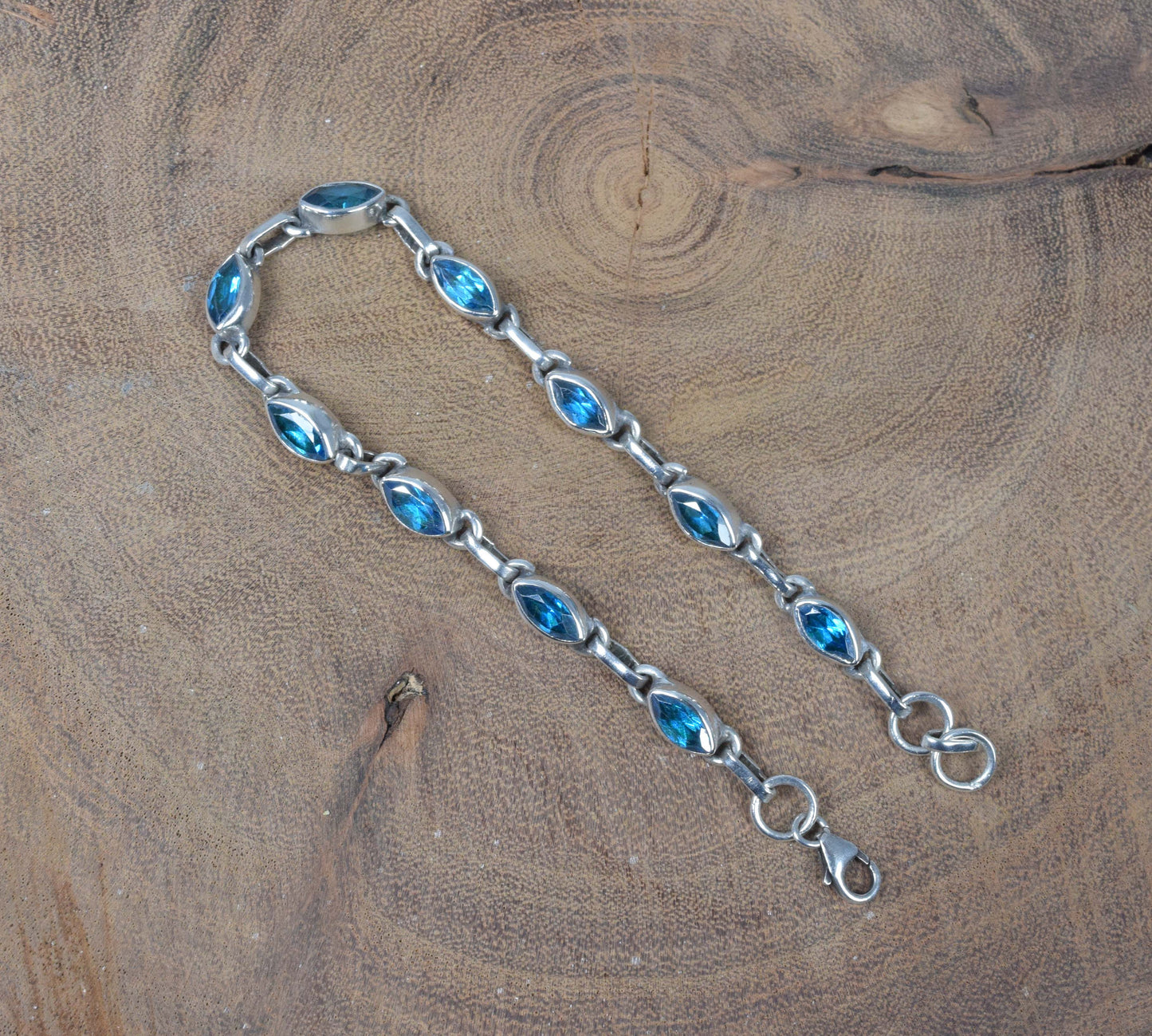 925 Solid Sterling Silver Faceted Blue Topaz HANDMADE BRACELET-8 Inch