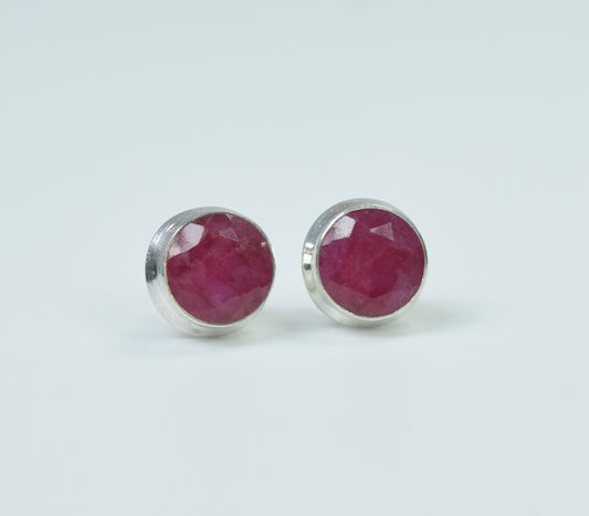 925 Solid Sterling Silver Faceted Simulated Ruby Stud Earring