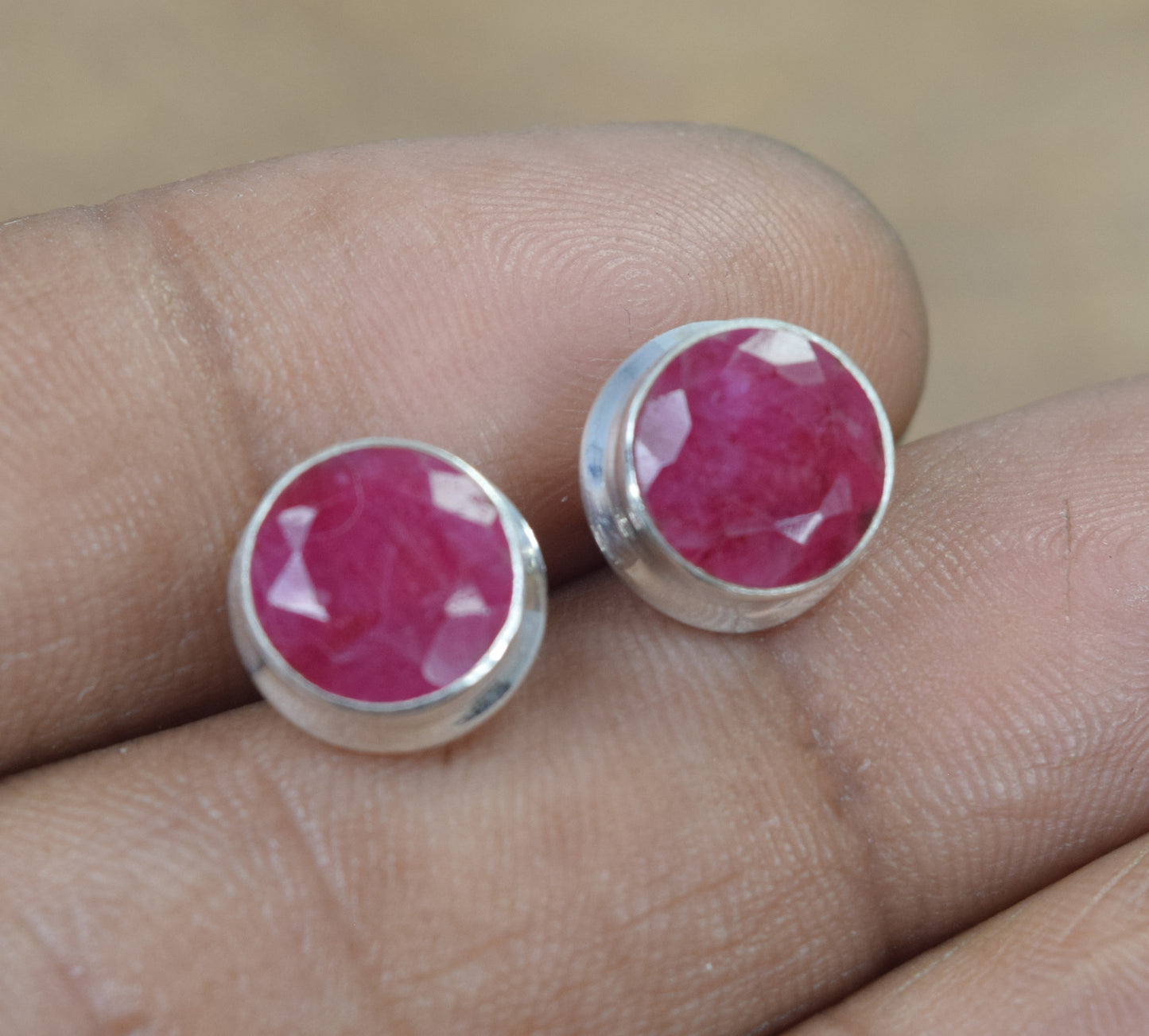 925 Solid Sterling Silver Faceted Simulated Ruby Stud Earring