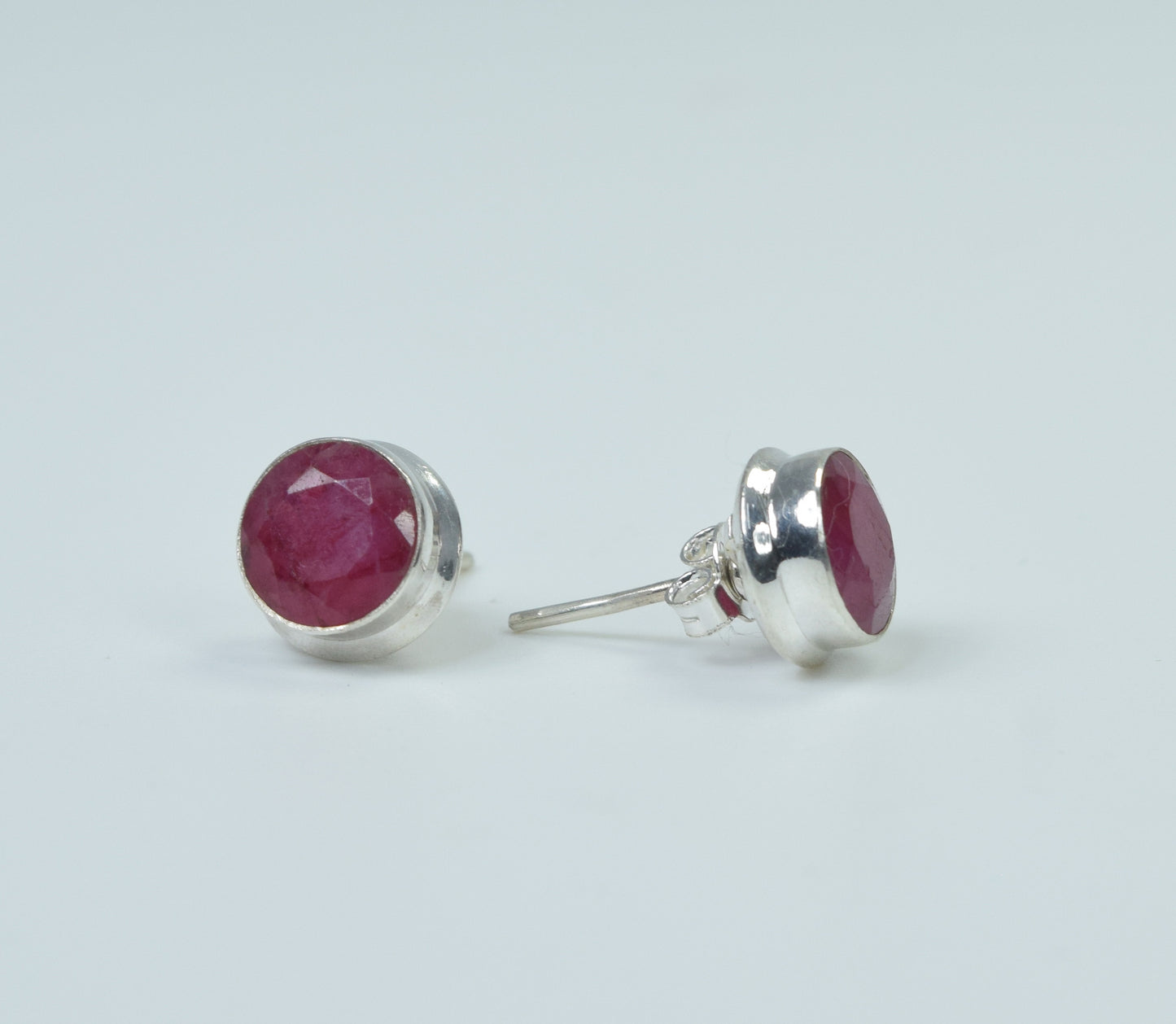 925 Solid Sterling Silver Faceted Simulated Ruby Stud Earring