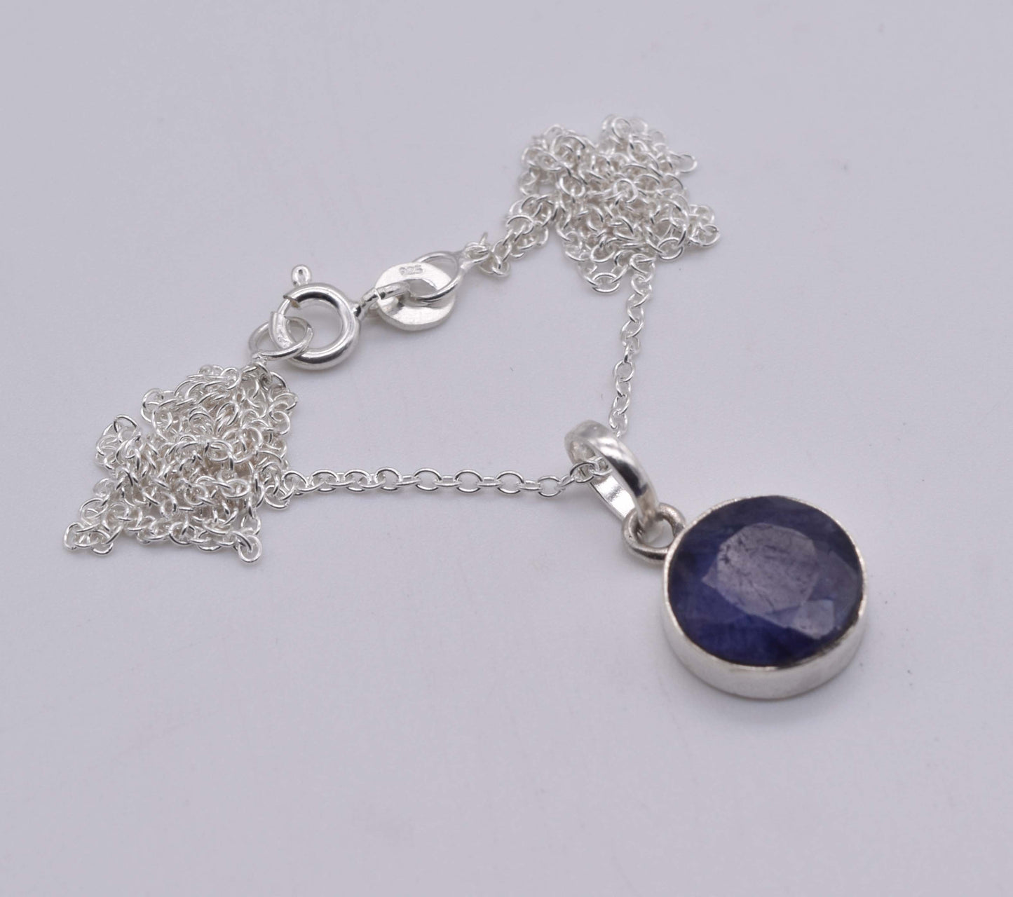 925 Solid Sterling Silver Simulated Sapphire Chain Pendant-18.7 Inch