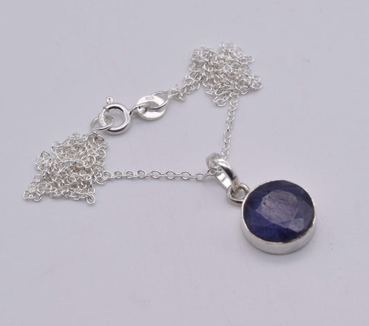 925 Solid Sterling Silver Simulated Sapphire Chain Pendant-18.7 Inch