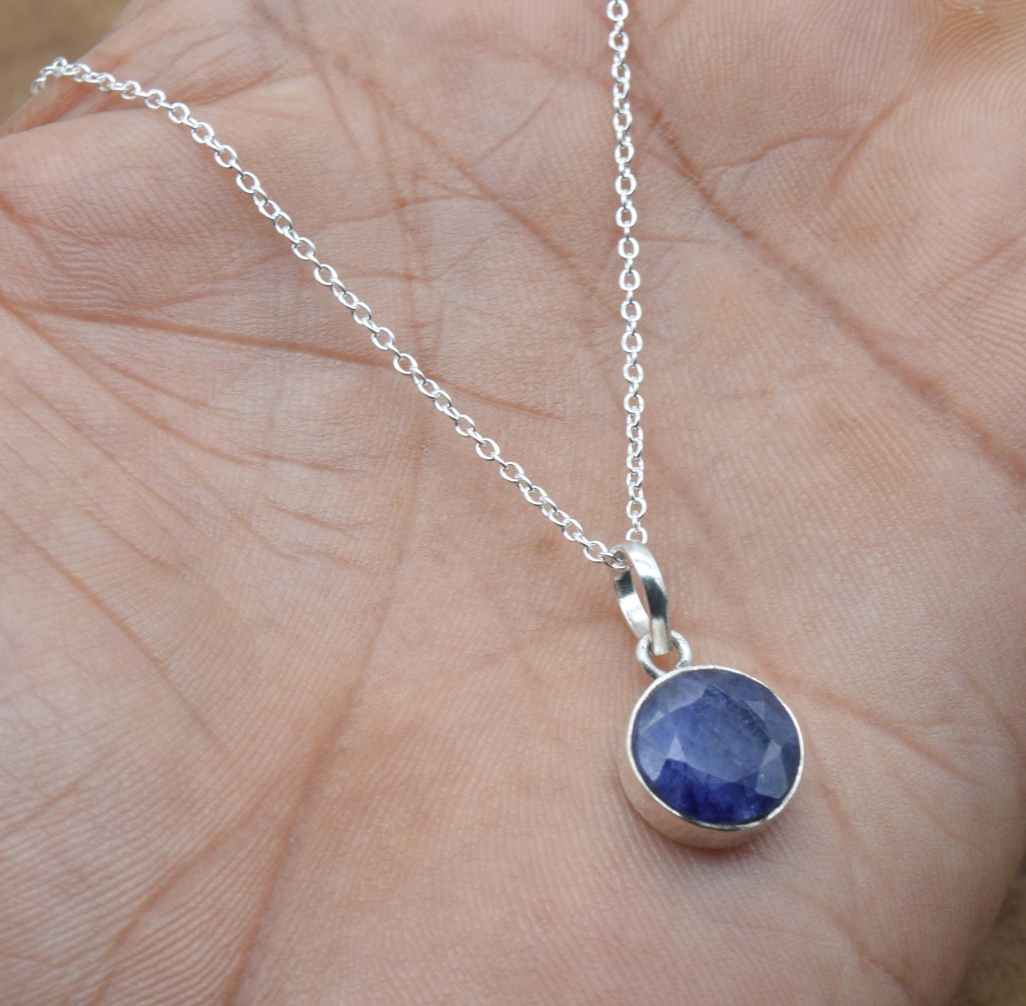 925 Solid Sterling Silver Simulated Sapphire Chain Pendant-18.7 Inch