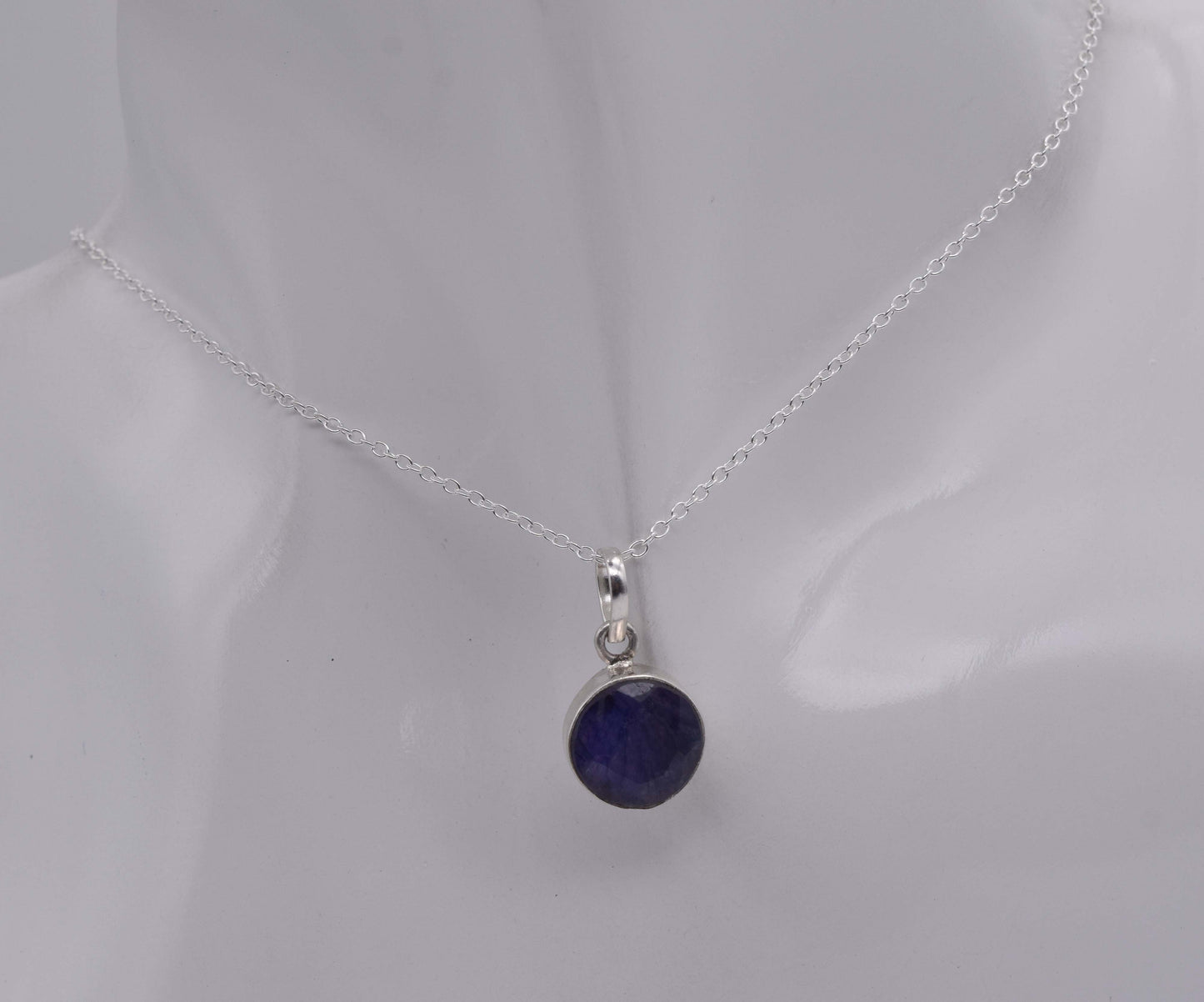 925 Solid Sterling Silver Simulated Sapphire Chain Pendant-18.7 Inch