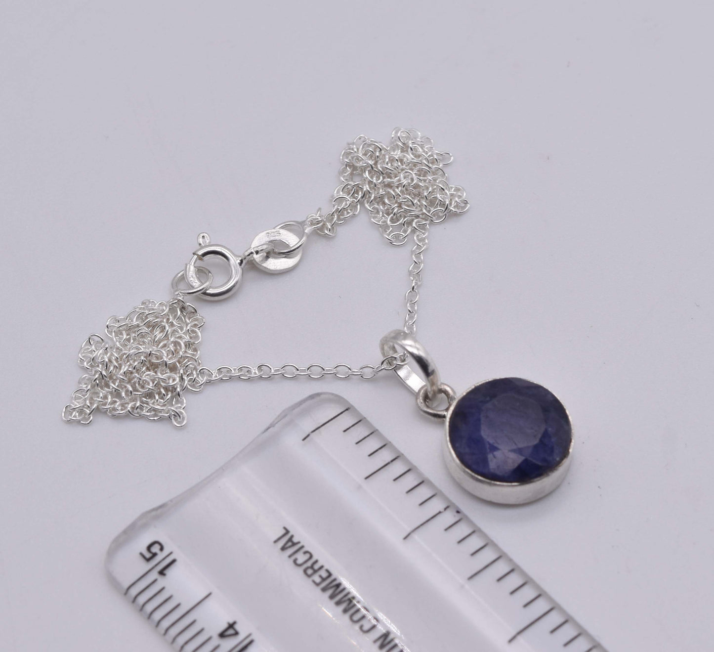 925 Solid Sterling Silver Simulated Sapphire Chain Pendant-18.7 Inch