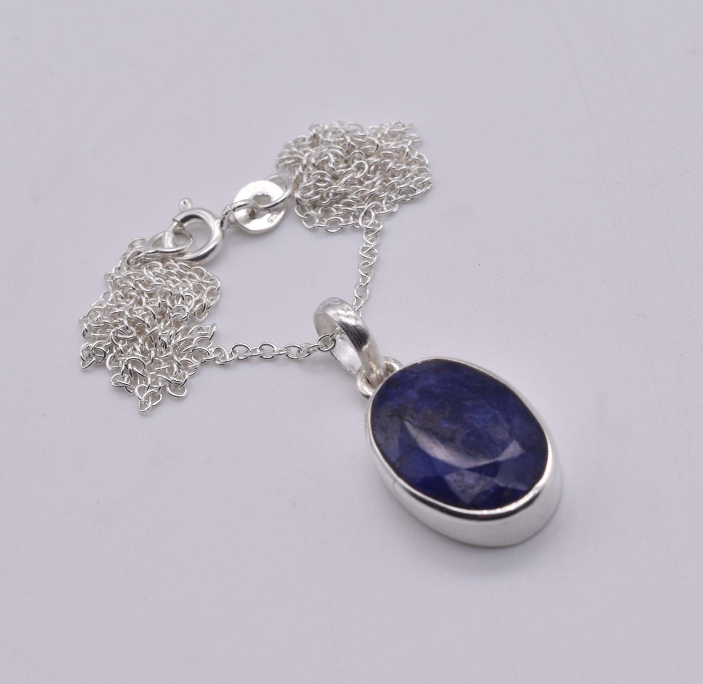 925 Solid Sterling Silver Simulated Sapphire Chain Pendant-19 Inch