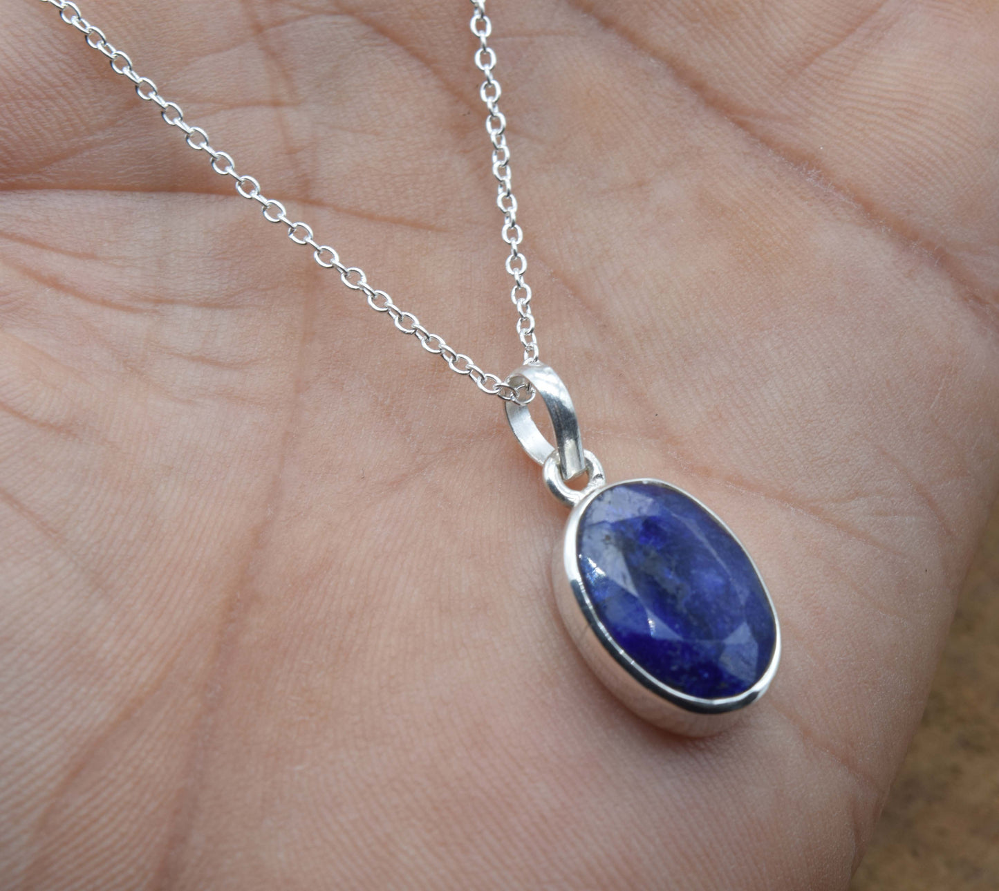 925 Solid Sterling Silver Simulated Sapphire Chain Pendant-19 Inch
