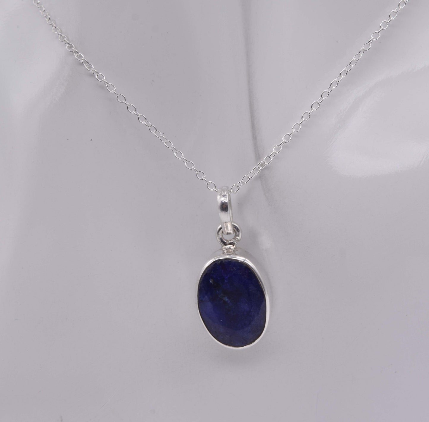 925 Solid Sterling Silver Simulated Sapphire Chain Pendant-19 Inch