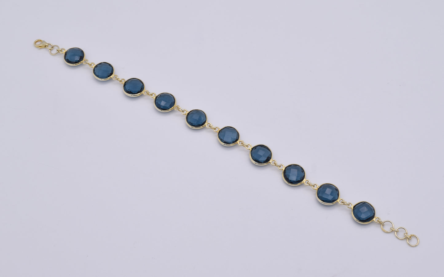 925 Solid Sterling Silver 24CT Gold Overlay Cut Teal Blue Quartz Bracelet