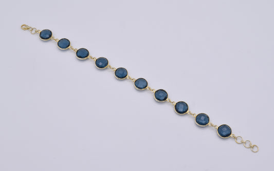 925 Solid Sterling Silver 24CT Gold Overlay Cut Teal Blue Quartz Bracelet