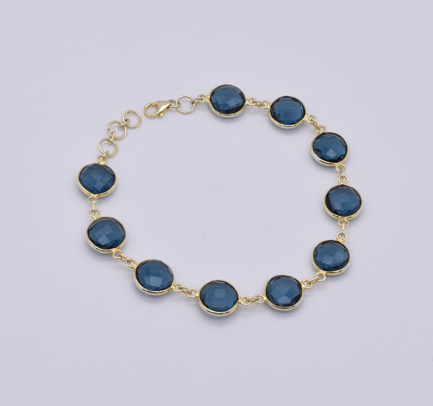 925 Solid Sterling Silver 24CT Gold Overlay Cut Teal Blue Quartz Bracelet