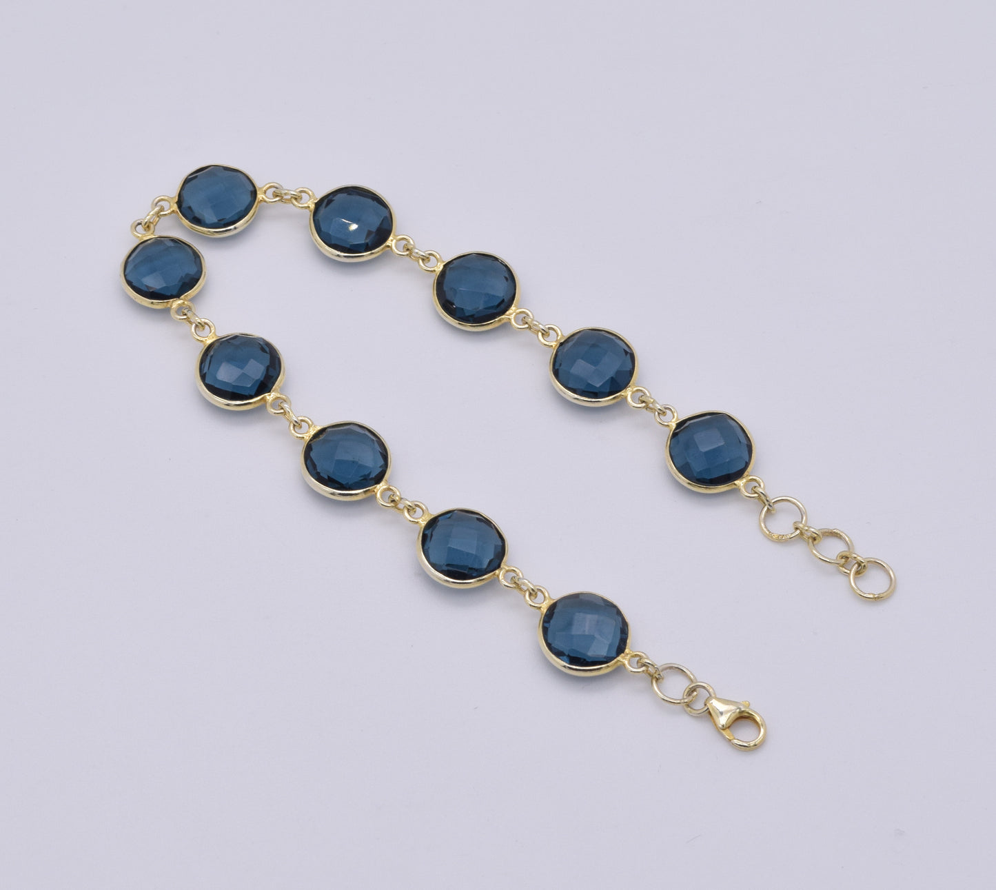 925 Solid Sterling Silver 24CT Gold Overlay Cut Teal Blue Quartz Bracelet