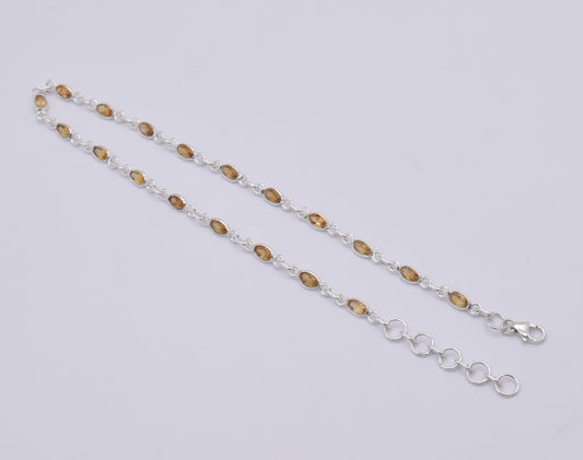 925 Solid Sterling Silver Faceted Yellow Citrine Anklet-12 Inch