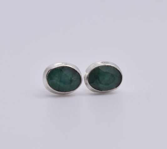 925 Solid Sterling Silver Faceted Simulated Emerald Stud Earring