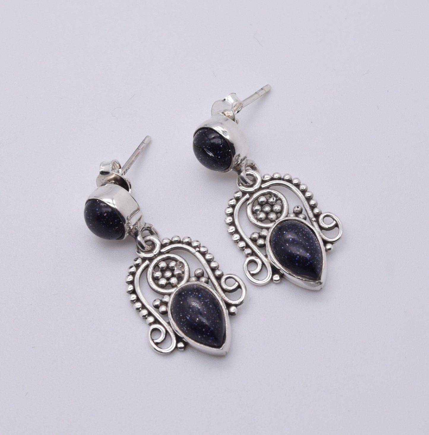 925 Solid Sterling Silver Blue Sunstone Stud Earring-1.5 Inch