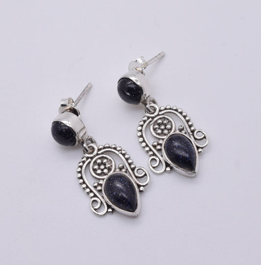 925 Solid Sterling Silver Blue Sunstone Stud Earring-1.5 Inch