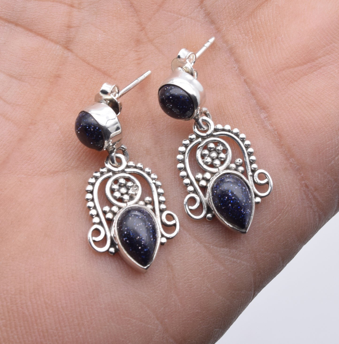 925 Solid Sterling Silver Blue Sunstone Stud Earring-1.5 Inch