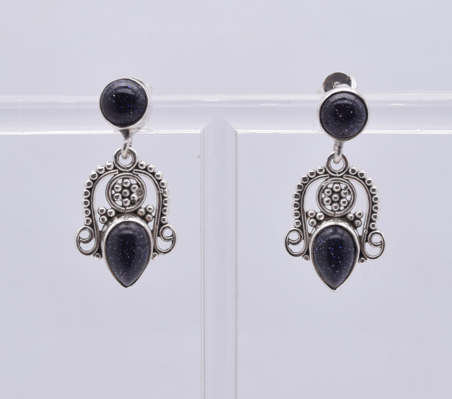 925 Solid Sterling Silver Blue Sunstone Stud Earring-1.5 Inch