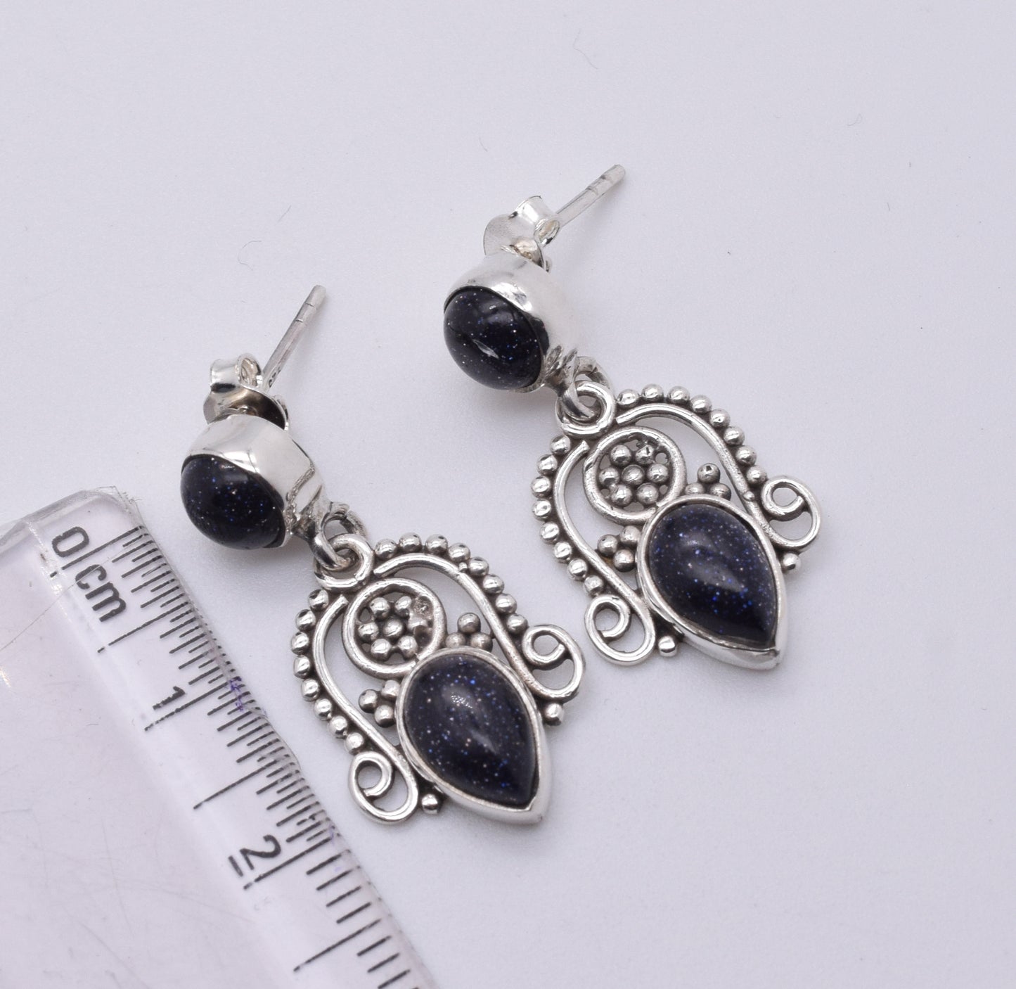 925 Solid Sterling Silver Blue Sunstone Stud Earring-1.5 Inch