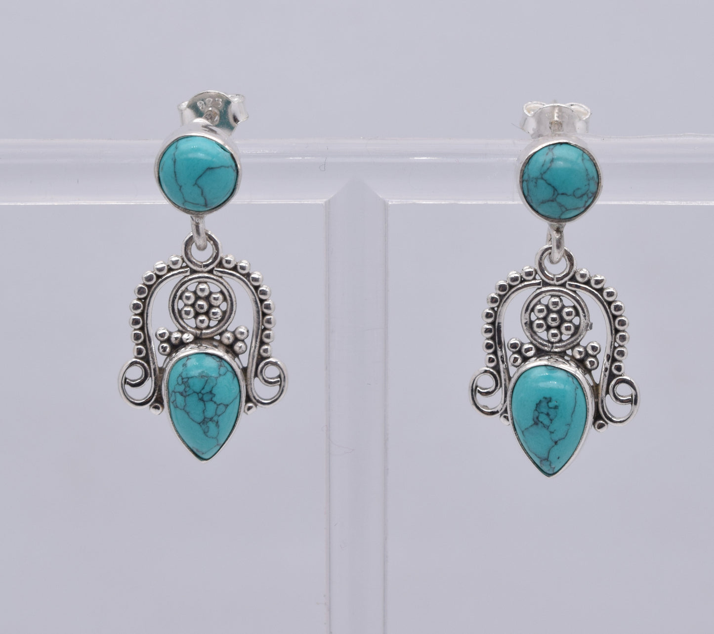 925 Solid Sterling Silver Blue Turquoise Stud Earring-1.5 Inch