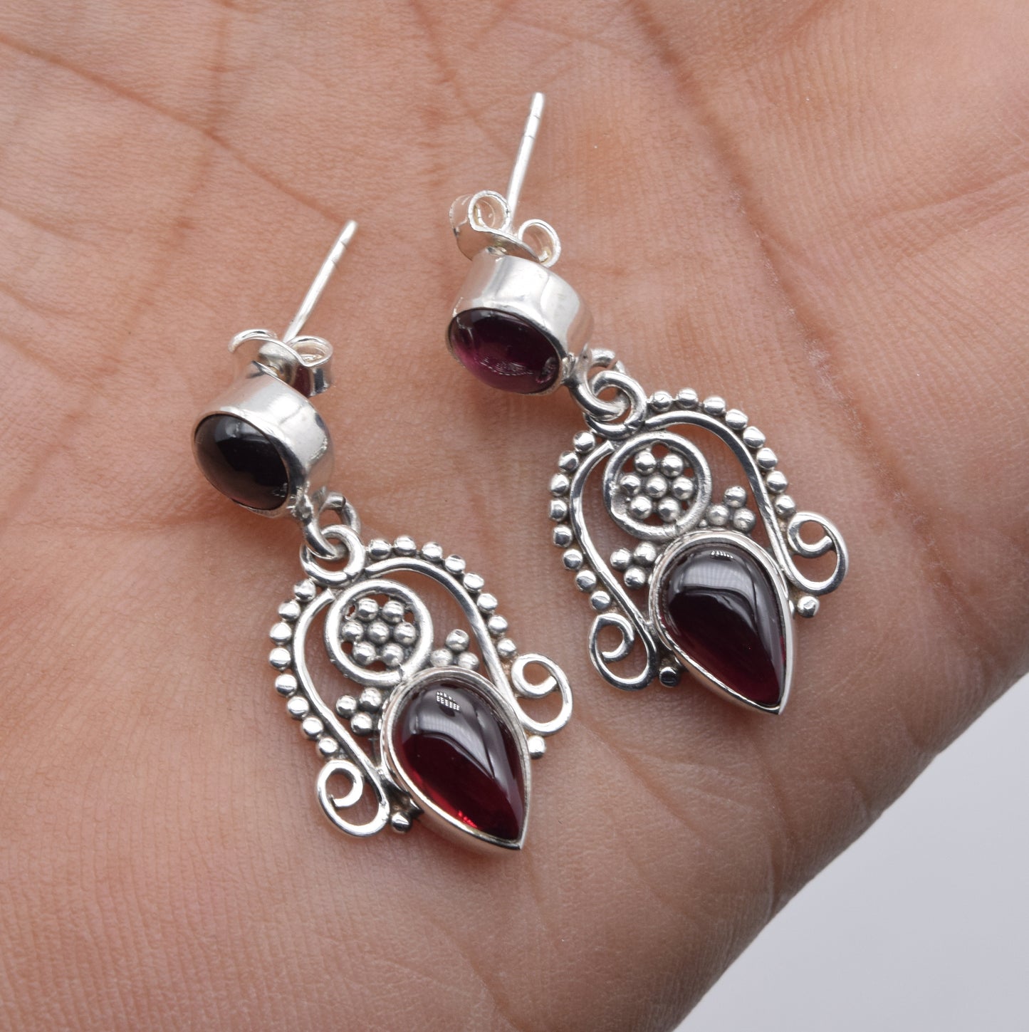 925 Solid Sterling Silver Red Garnet Stud Earring-1.5 Inch