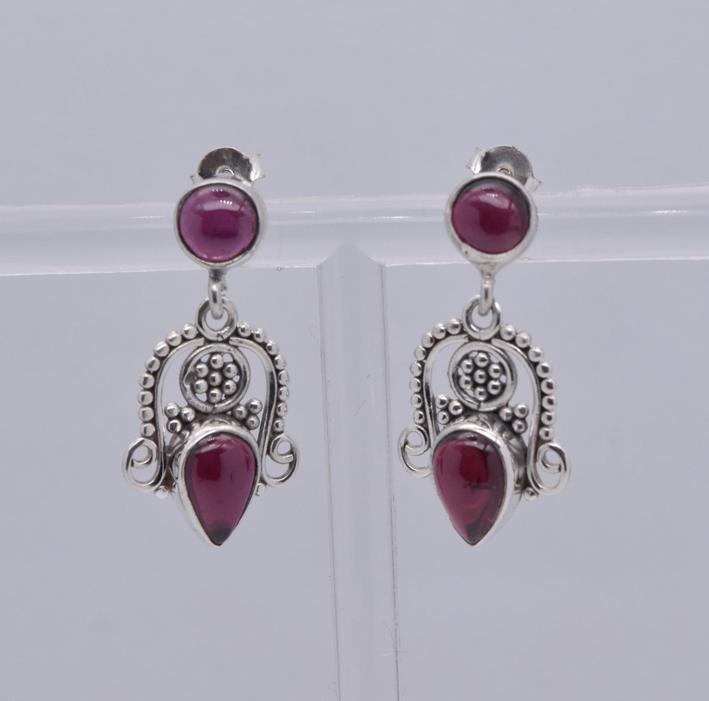 925 Solid Sterling Silver Red Garnet Stud Earring-1.5 Inch