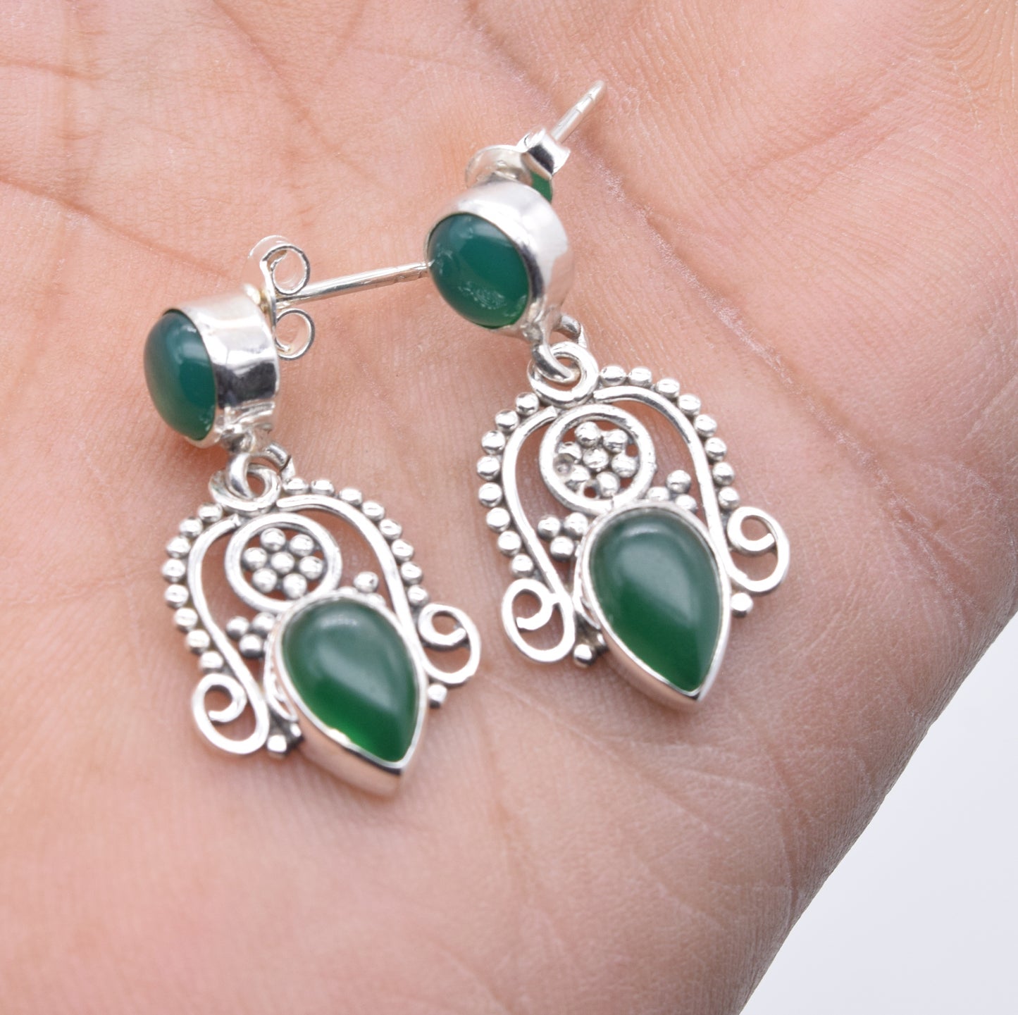 925 Solid Sterling Silver Green Onyx Stud Earring-1.5 Inch