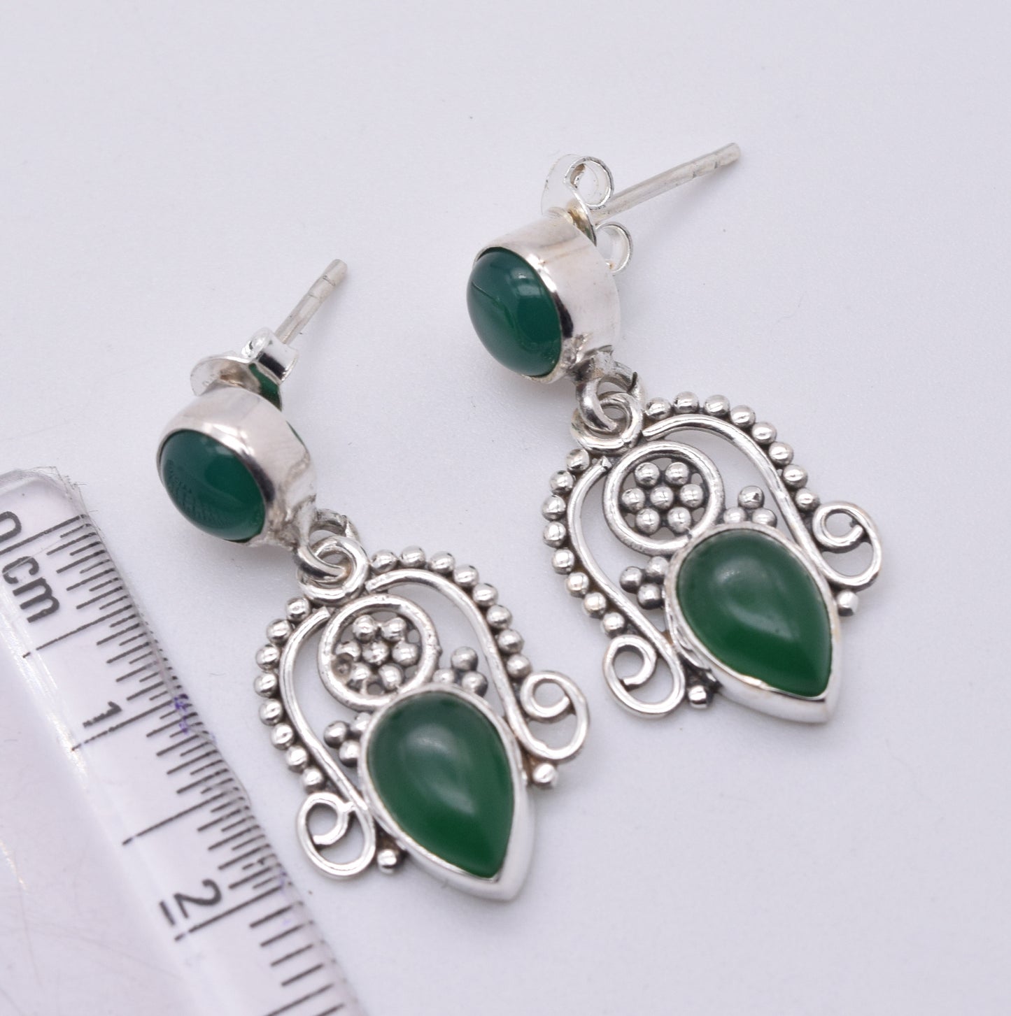 925 Solid Sterling Silver Green Onyx Stud Earring-1.5 Inch