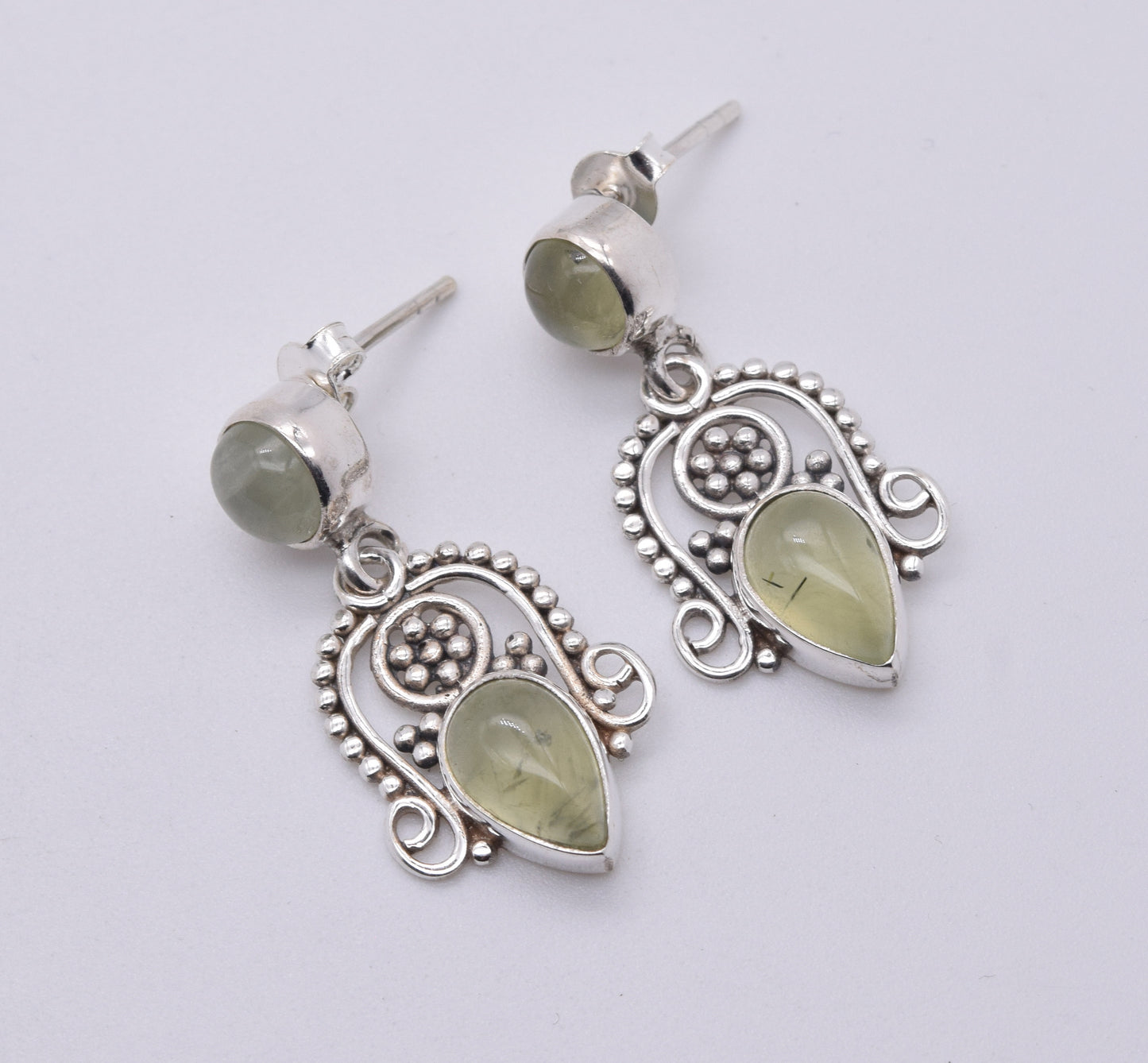 925 Solid Sterling Silver Green Prehnite Stud Earring-1.5 Inch