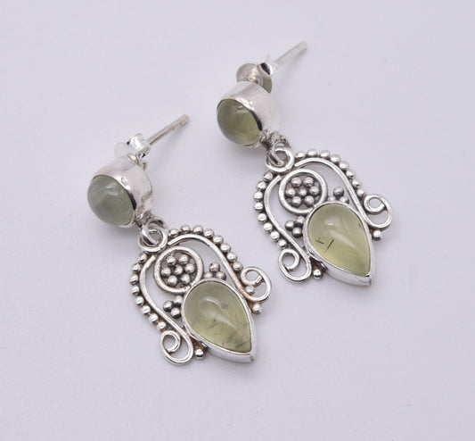 925 Solid Sterling Silver Green Prehnite Stud Earring-1.5 Inch