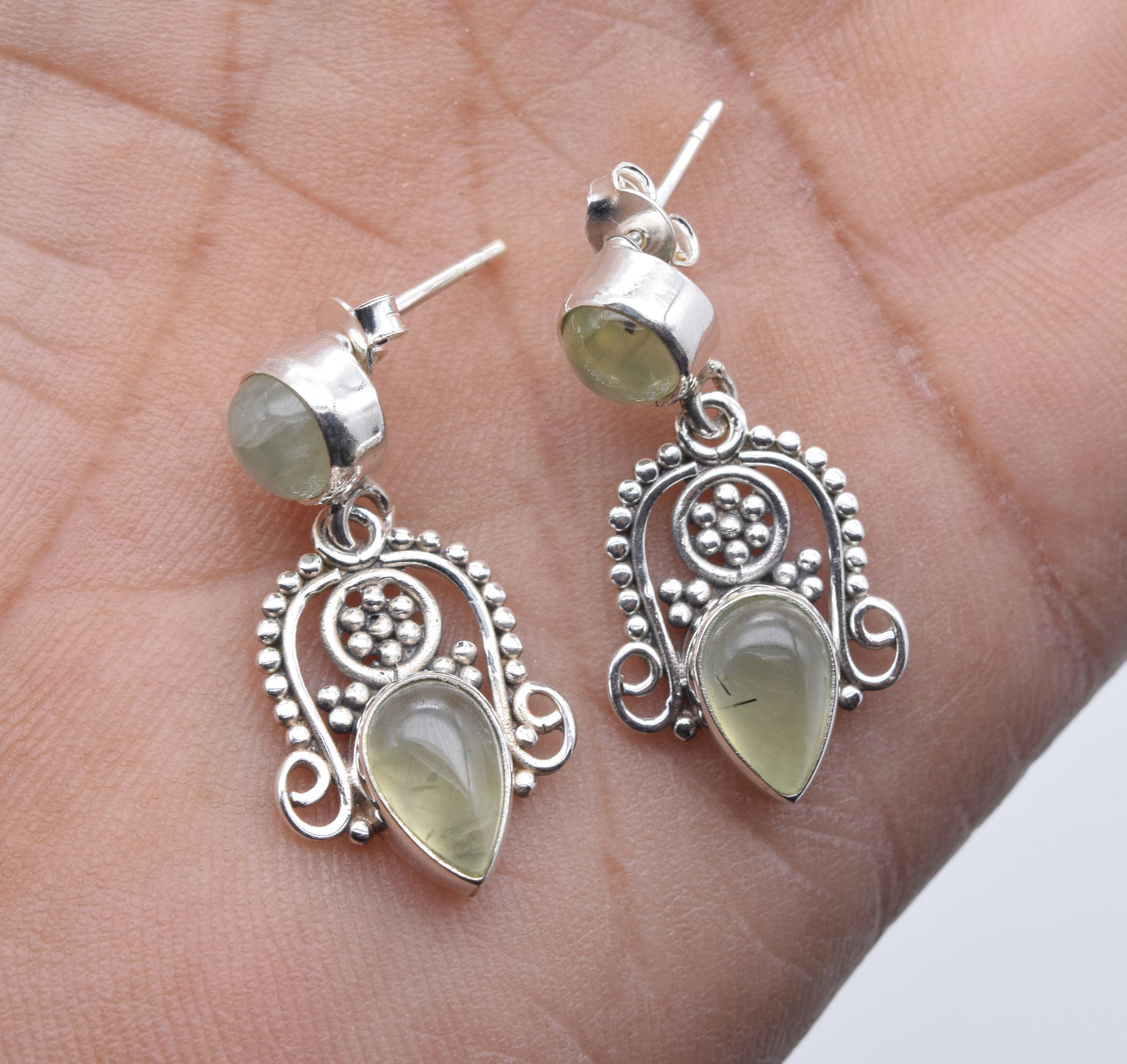 925 Solid Sterling Silver Green Prehnite Stud Earring-1.5 Inch
