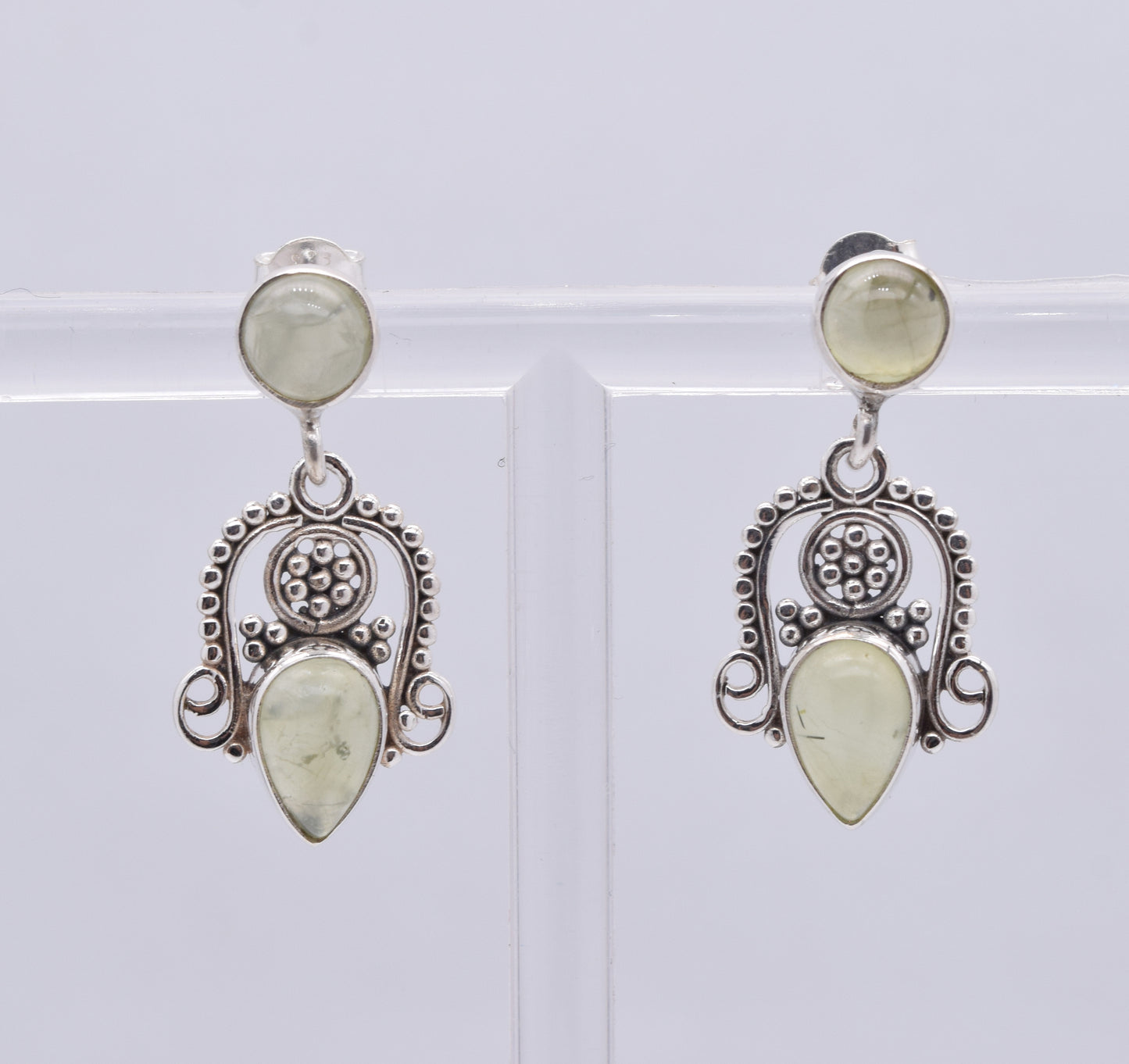 925 Solid Sterling Silver Green Prehnite Stud Earring-1.5 Inch