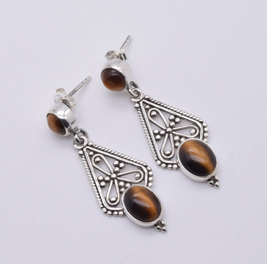 925 Solid Sterling Silver Tiger Eye Stud Earring-1.7 Inch